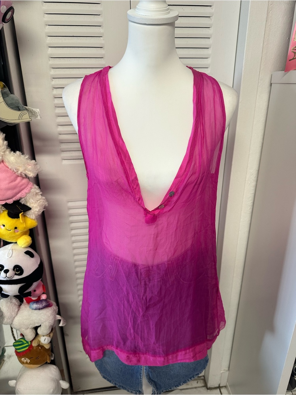 Sheer Fuchsia Sleeveless V-Neck Tank Top
